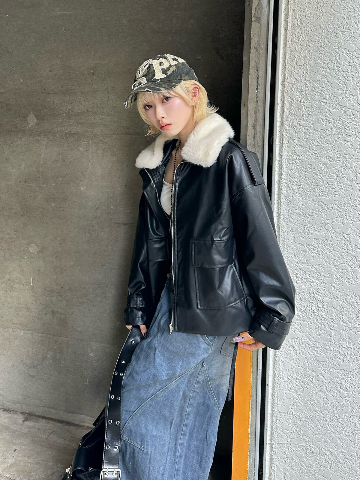 ファーライクカラーレザータッチジャケット