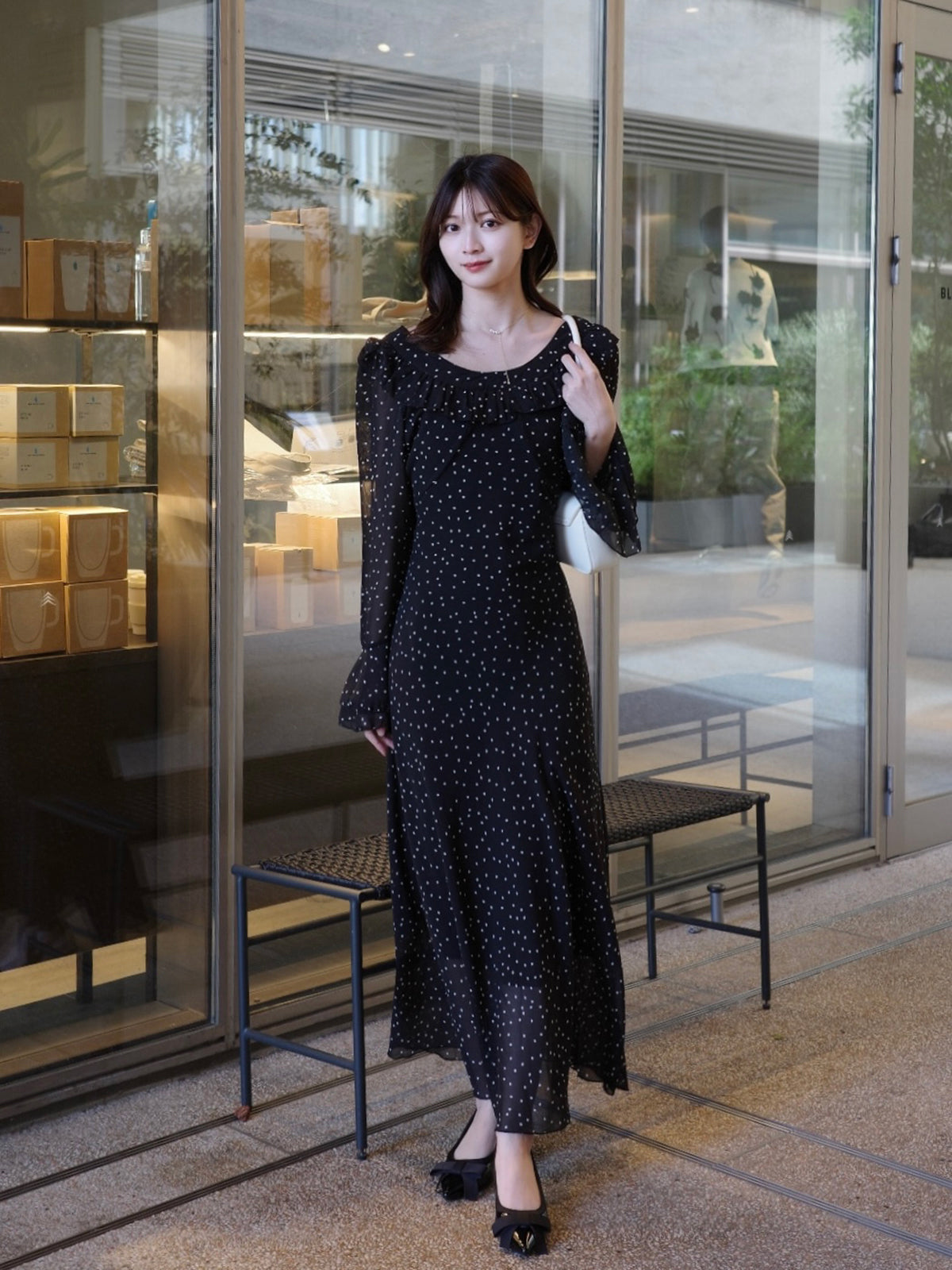 ミニスクエアドットロングワンピース