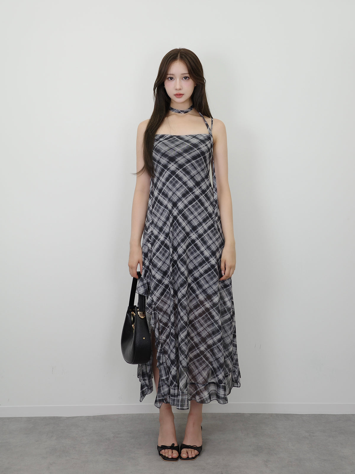 サイドカットシアーチェックロングワンピース