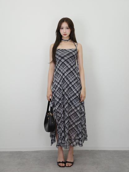 サイドカットシアーチェックロングワンピース