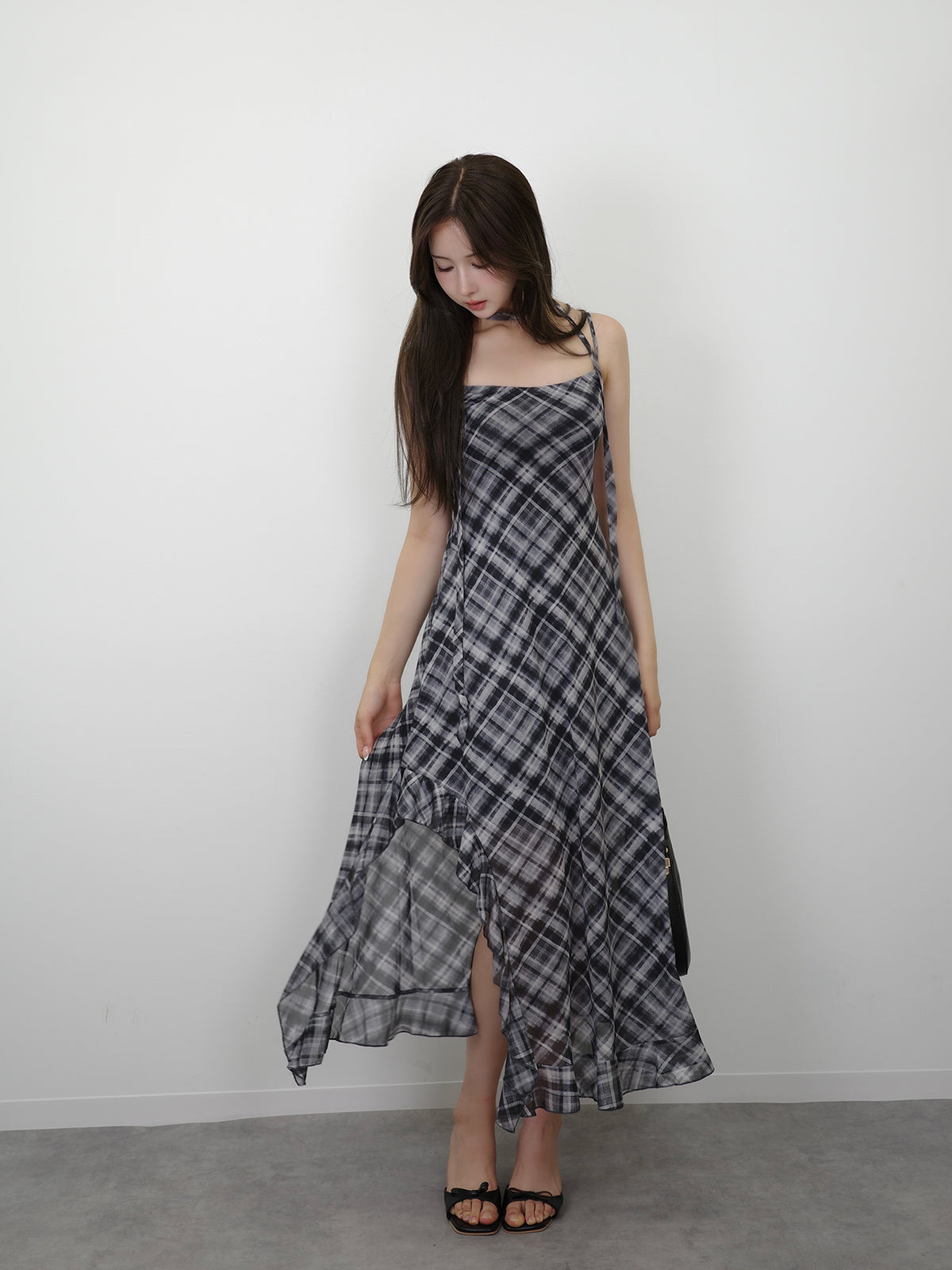 サイドカットシアーチェックロングワンピース