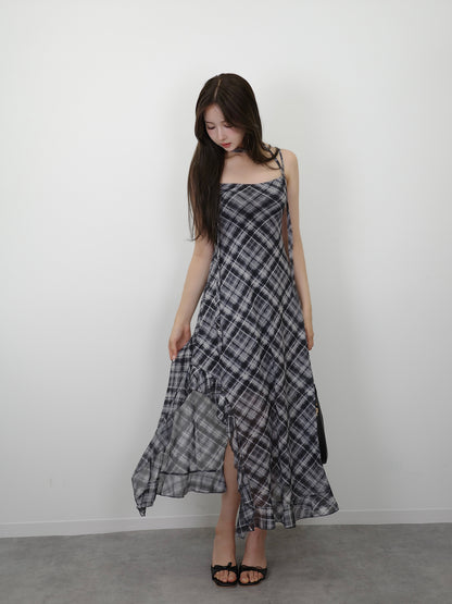 サイドカットシアーチェックロングワンピース