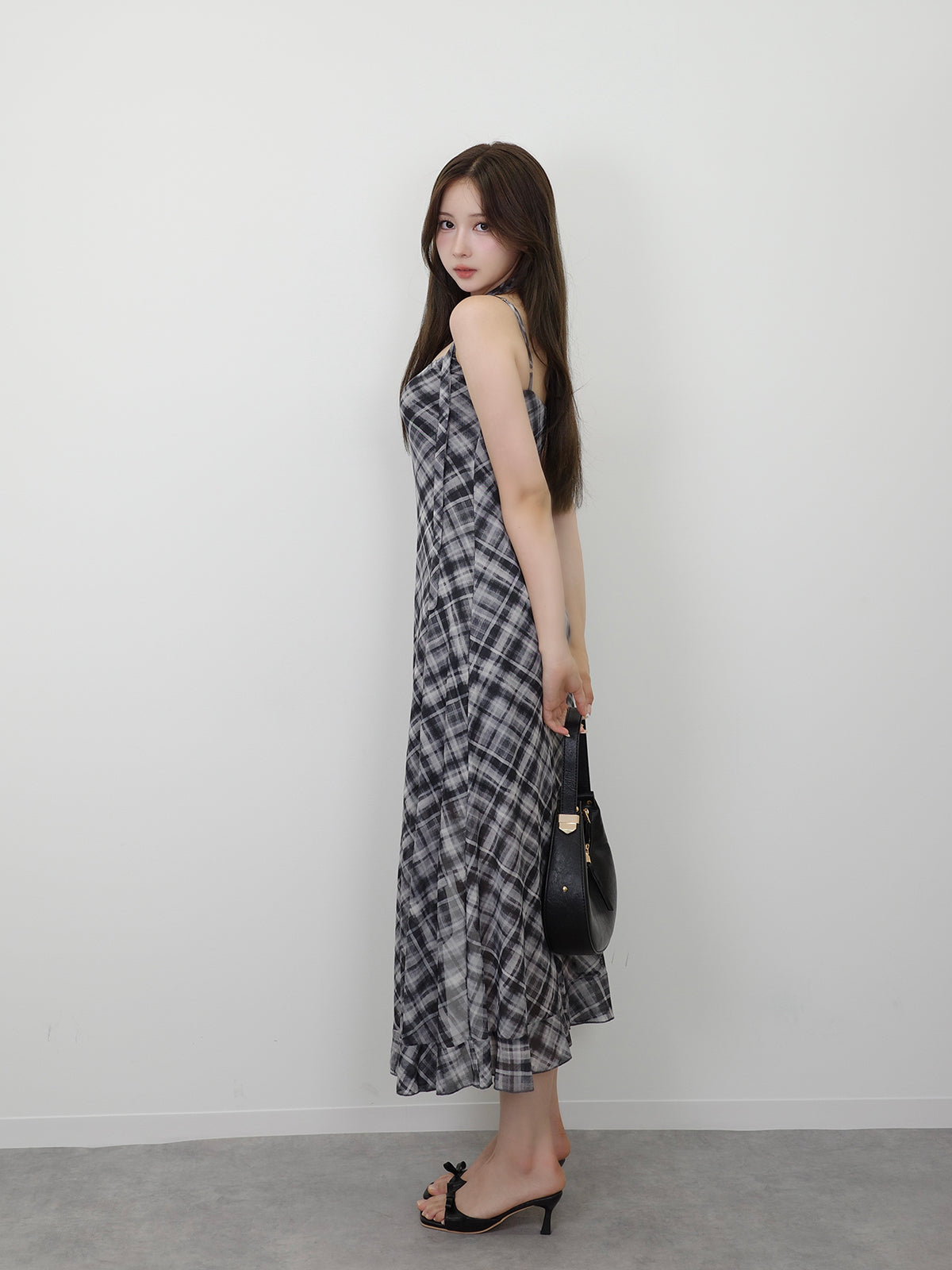 サイドカットシアーチェックロングワンピース