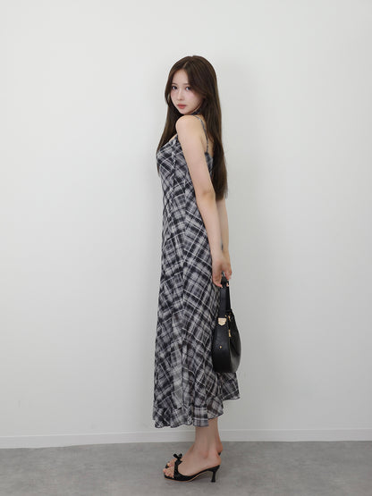 サイドカットシアーチェックロングワンピース