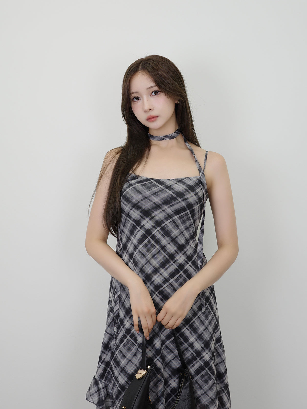 サイドカットシアーチェックロングワンピース