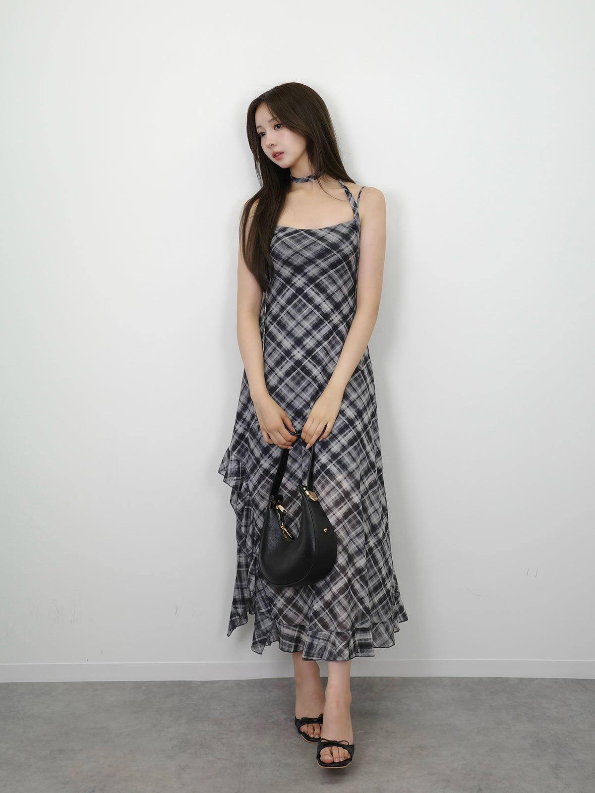 サイドカットシアーチェックロングワンピース