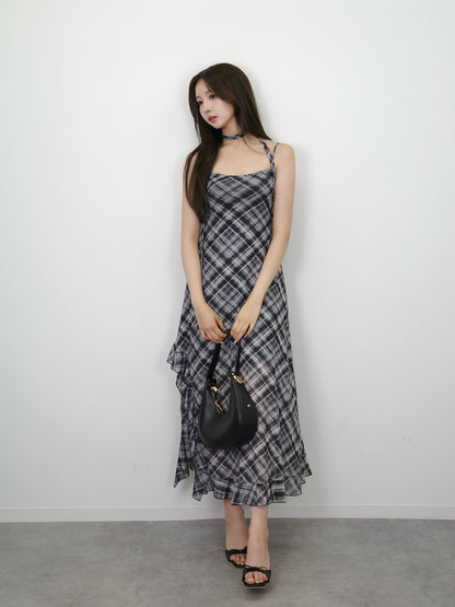 サイドカットシアーチェックロングワンピース