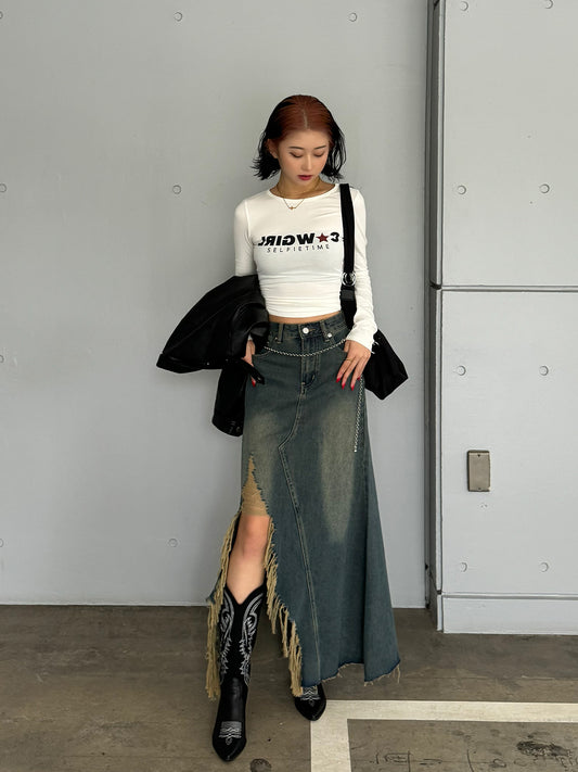 Damaged slit denim long skirt