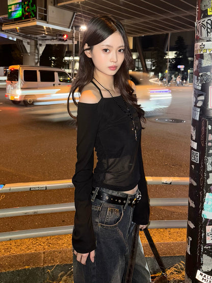 ホルターネックシースルーカットソー