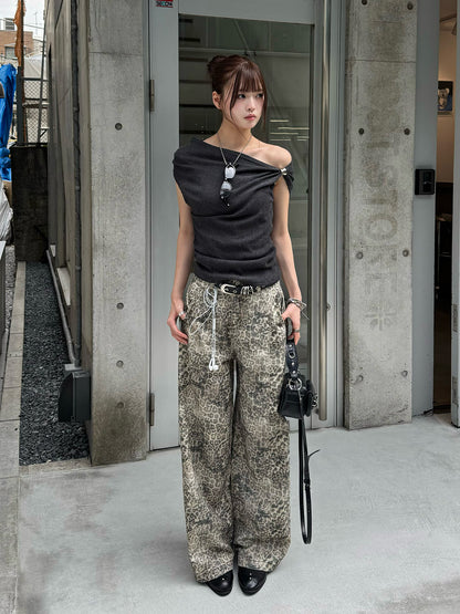レオパードプリントステッチワイドデニムパンツ