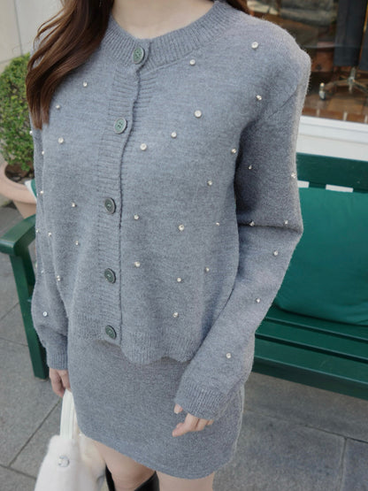 ラインストーンカーディガンニットセットアップ