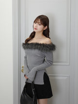 ファータッチオフショルリブニット - グレー