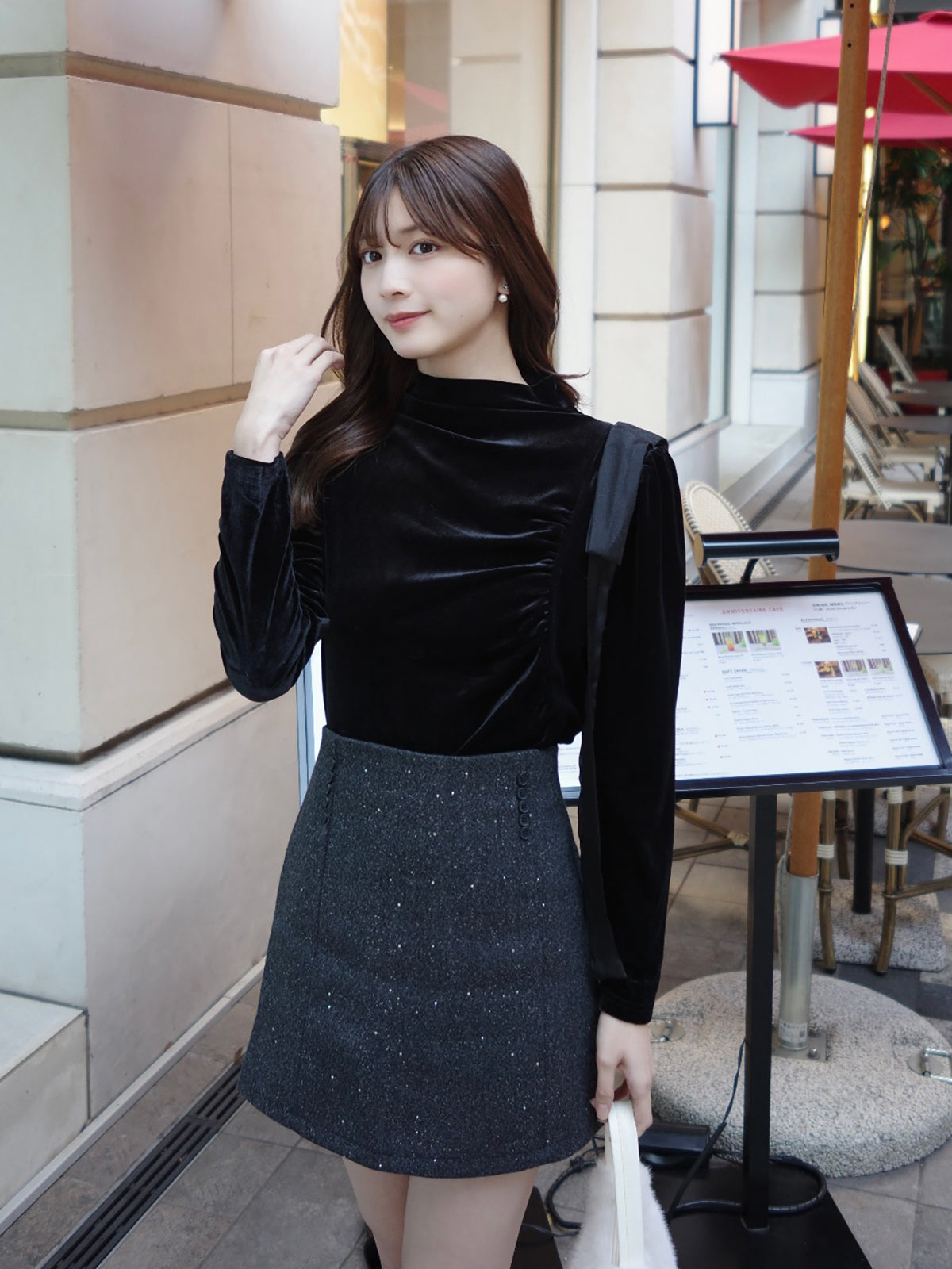 ショルダータイハイネックベロアカットソー