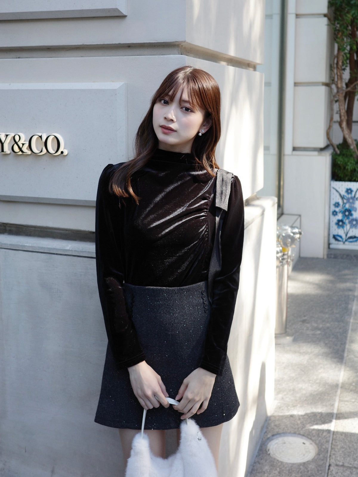 ショルダータイハイネックベロアカットソー