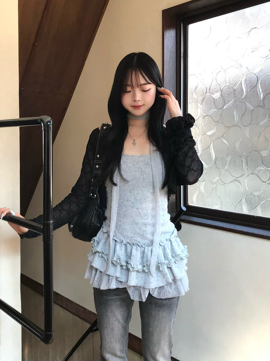 蕾丝荷叶边领带吊带宽松上衣