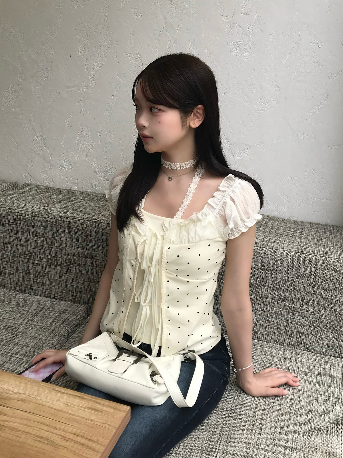 レースタイリボンドットカットソー