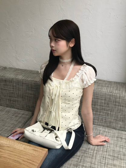 レースタイリボンドットカットソー