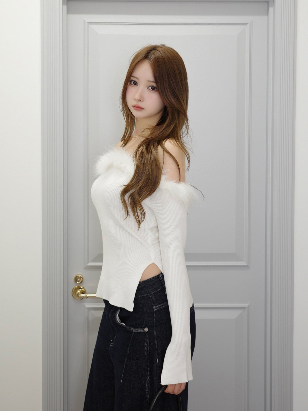 ファータッチオフショルリブニット