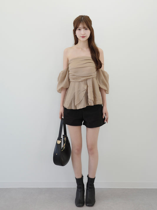 シフォンオフショルパフブラウス