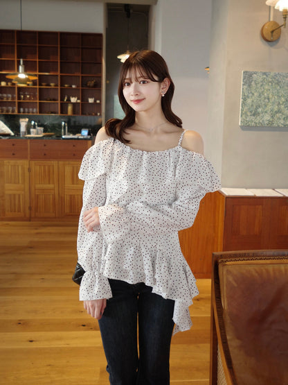 フリルドットオフショルブラウス