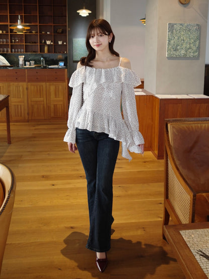 フリルドットオフショルブラウス