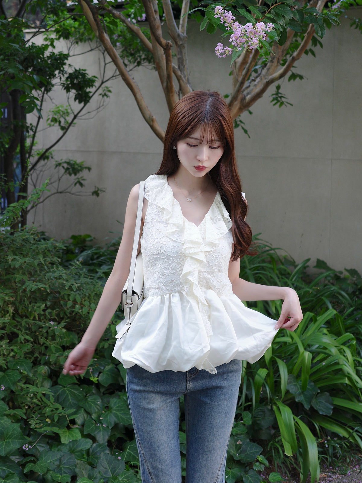 レースバルーンペプラムブラウス