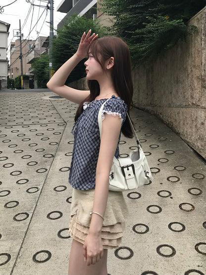 レイヤードチェックリボンブラウス
