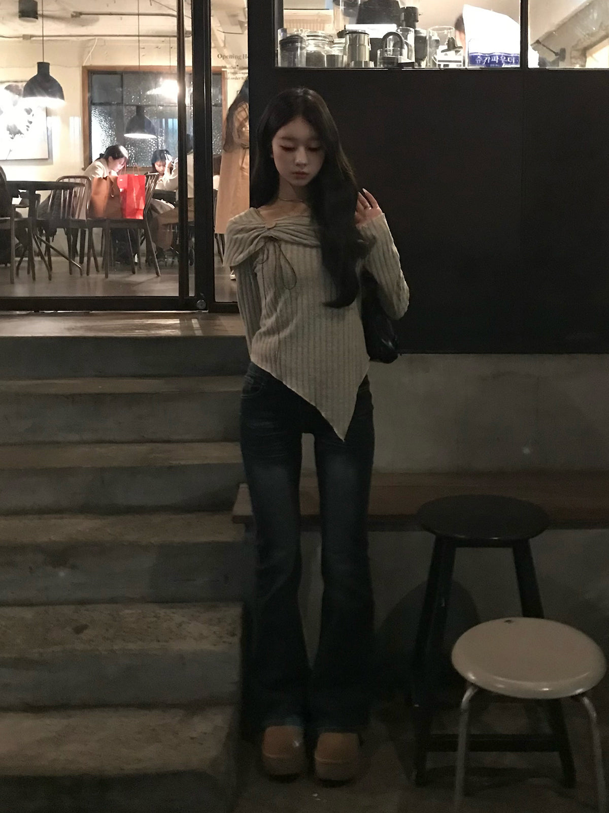 リボンギャザーボタンリブカットソー