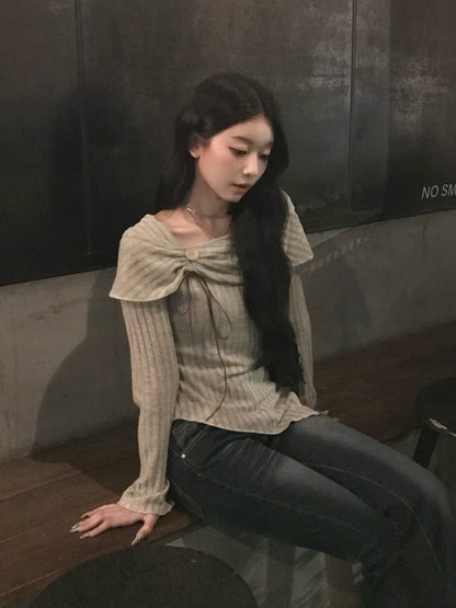 リボンギャザーボタンリブカットソー