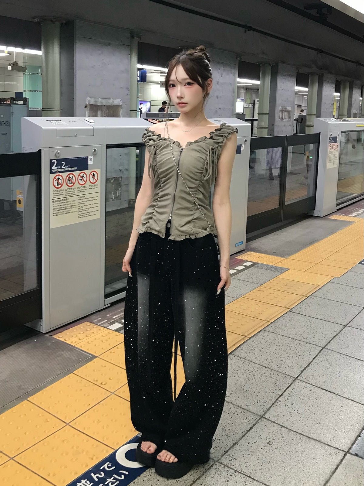 フリルギャザーダブルジップカットソー