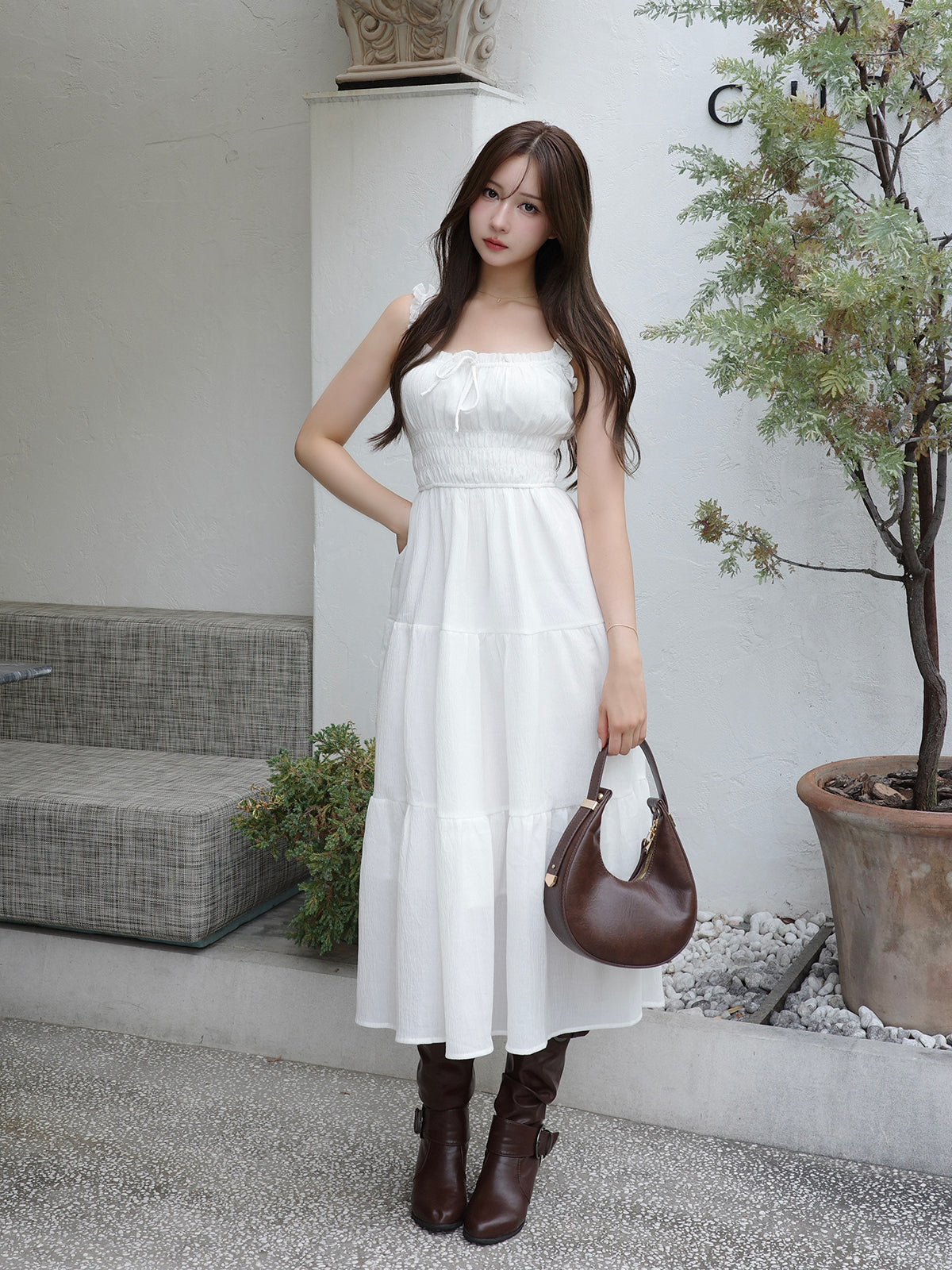 シャーリングティアードロングワンピース