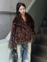 Leopard fur touch coat - Brown