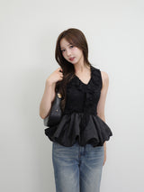 レースバルーンペプラムブラウス - ブラック