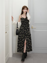 スリットフラワーキャミワンピース - ブラック