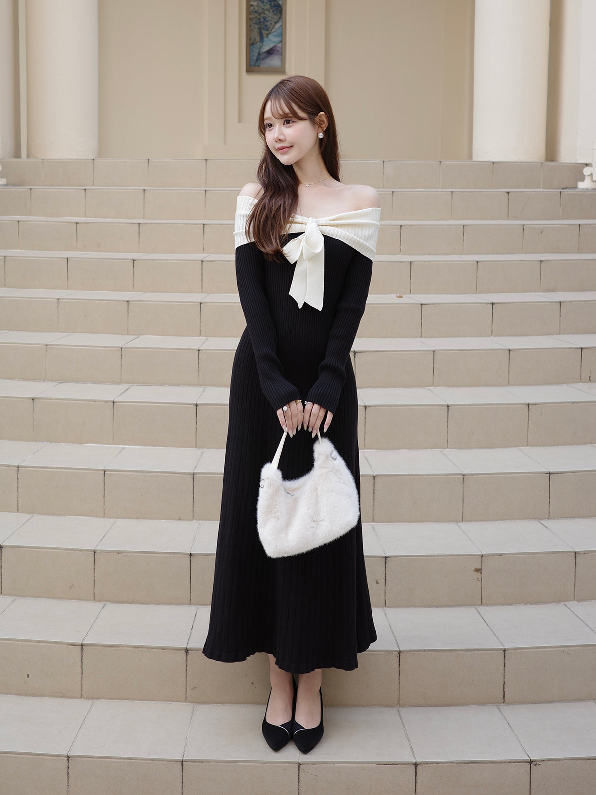 リボンオフショルリブニットワンピース