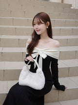 リボンオフショルリブニットワンピース - ブラック