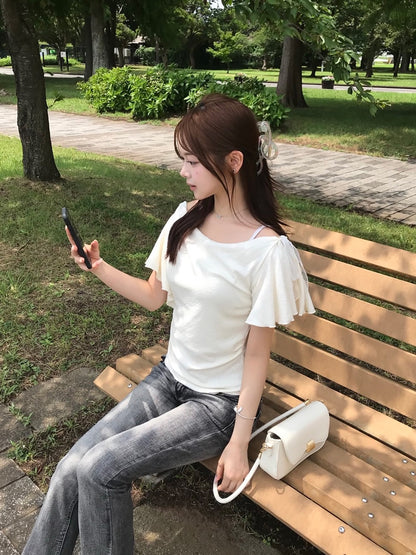 フリルスリーブレースリボンカットソー