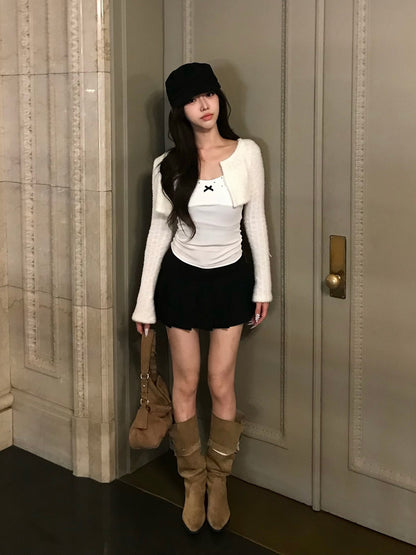 リブプリーツボタンミニスカート