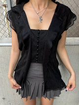 Front button lace hooded blouse - black