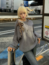レオパードスカーフワンショルニット - グレー