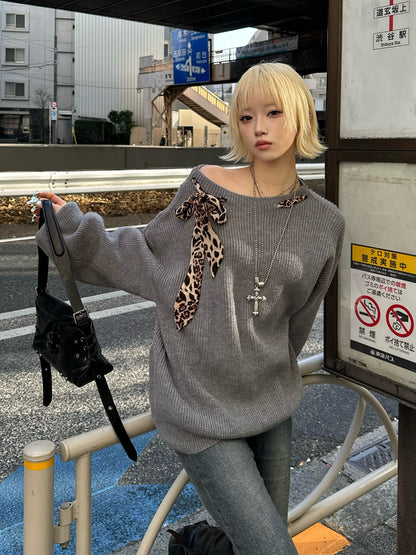 レオパードスカーフワンショルニット