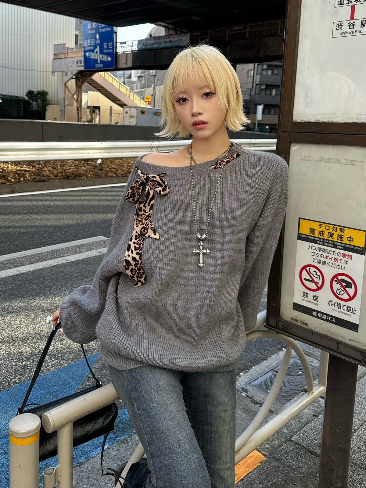 レオパードスカーフワンショルニット