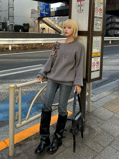 レオパードスカーフワンショルニット