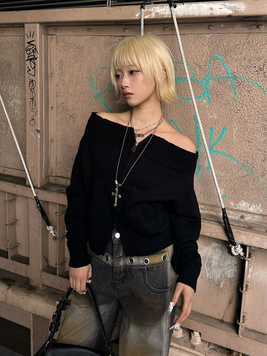 オフショルダブルジップニット