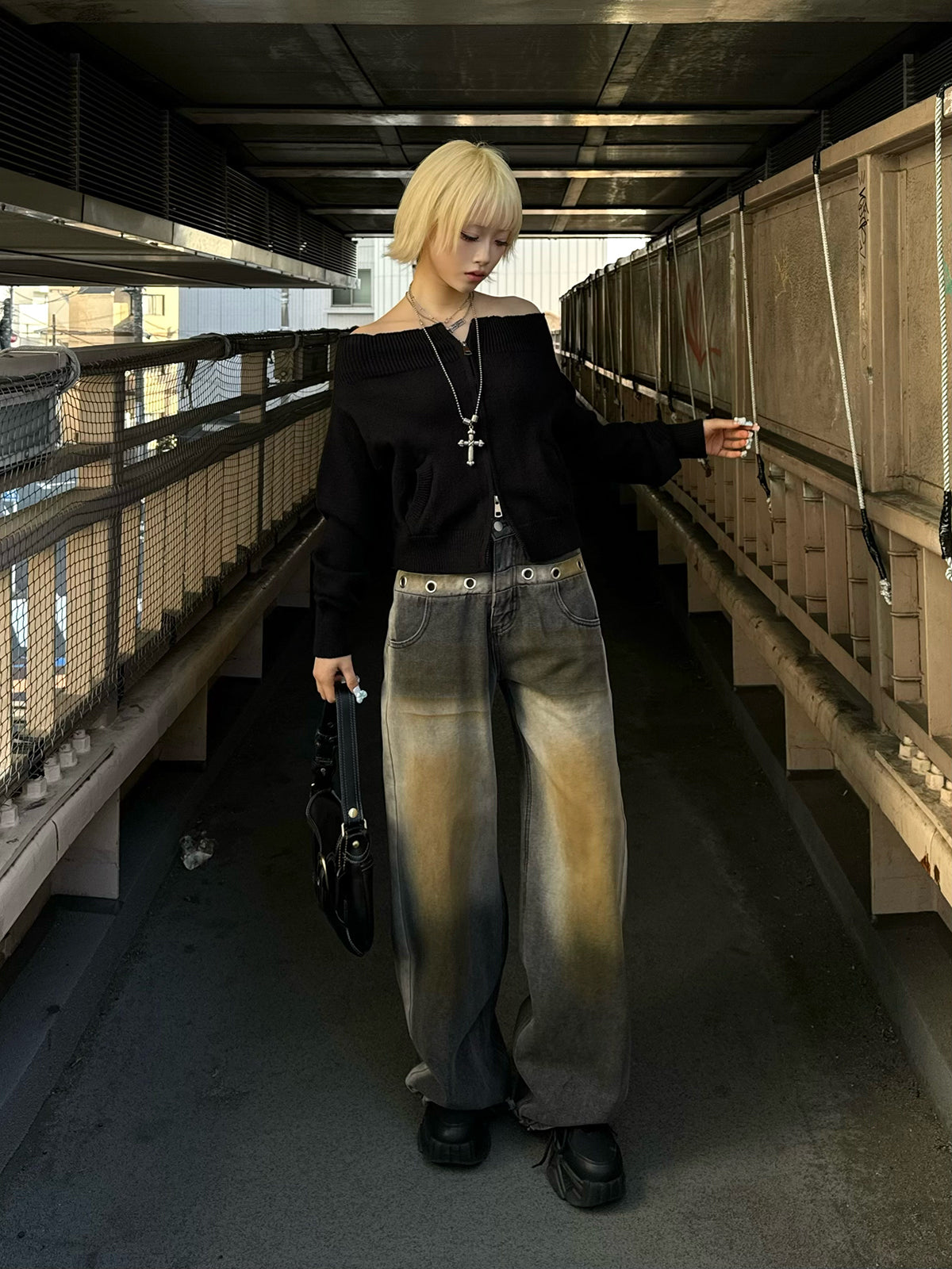 Brown Wash Ring Denim Pants