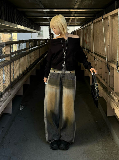 Brown Wash Ring Denim Pants