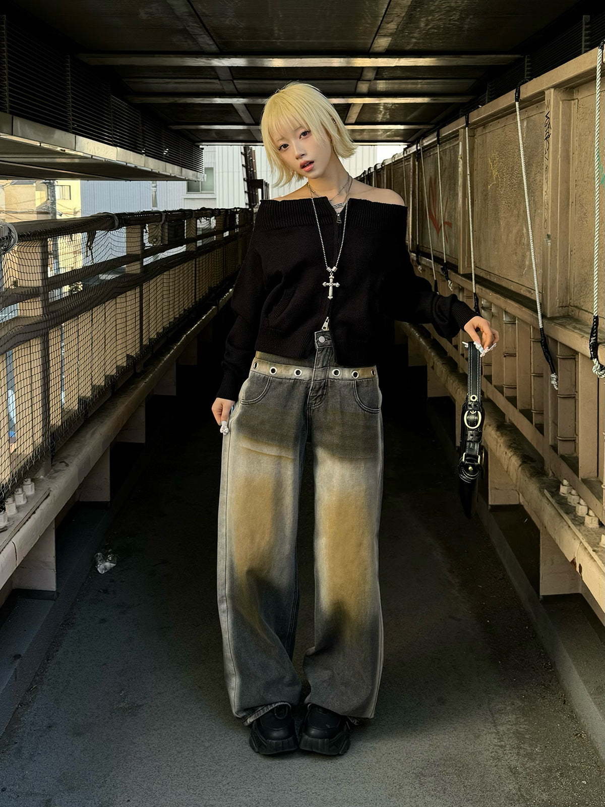 Brown Wash Ring Denim Pants