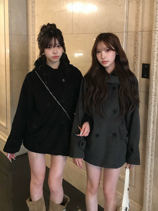 ダブルブレストフードミドルコート