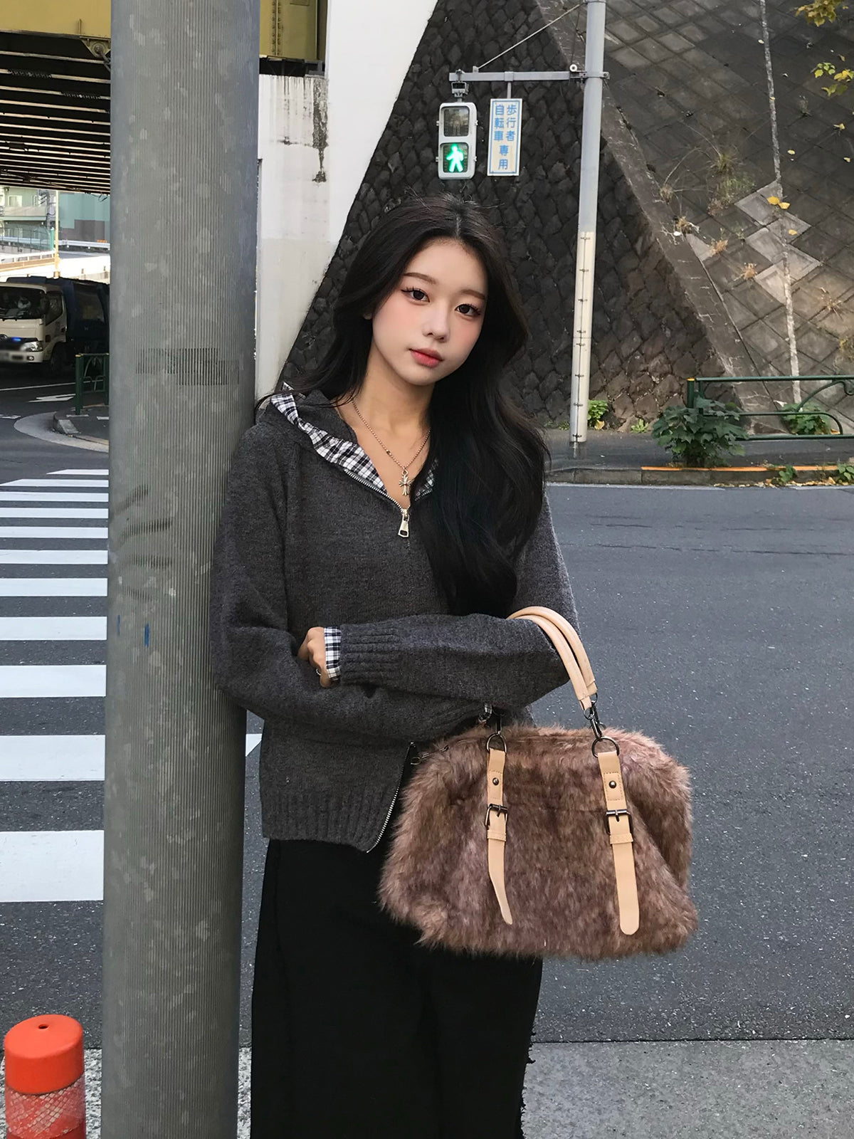 チェックフリルダブルジップニット