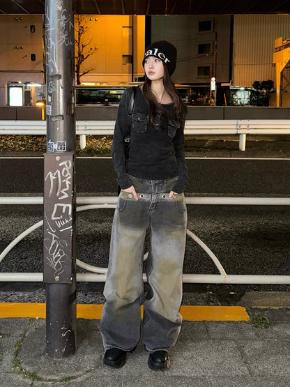 Brown Wash Ring Denim Pants